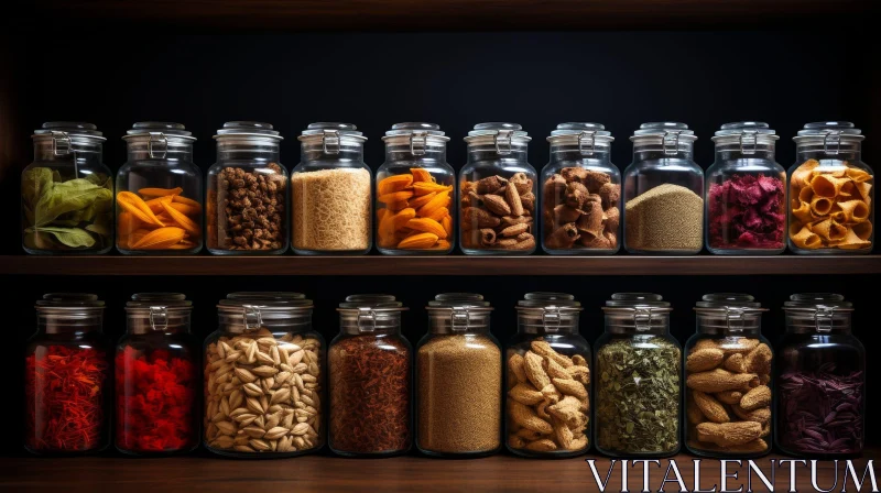 Exquisite Culinary Display of Diverse Spices in Glass Jars AI Image