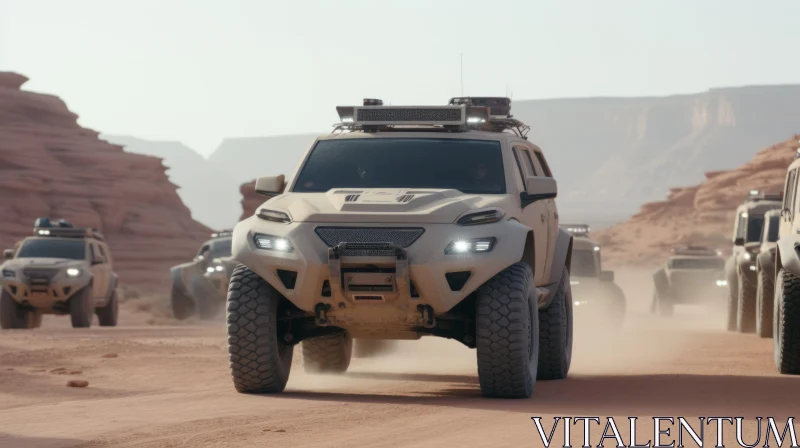 Futuristic Military Vehicles in Desert Landscape AI Image