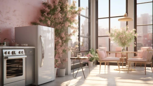 Modern Pink and White Kitchen 3D Rendering