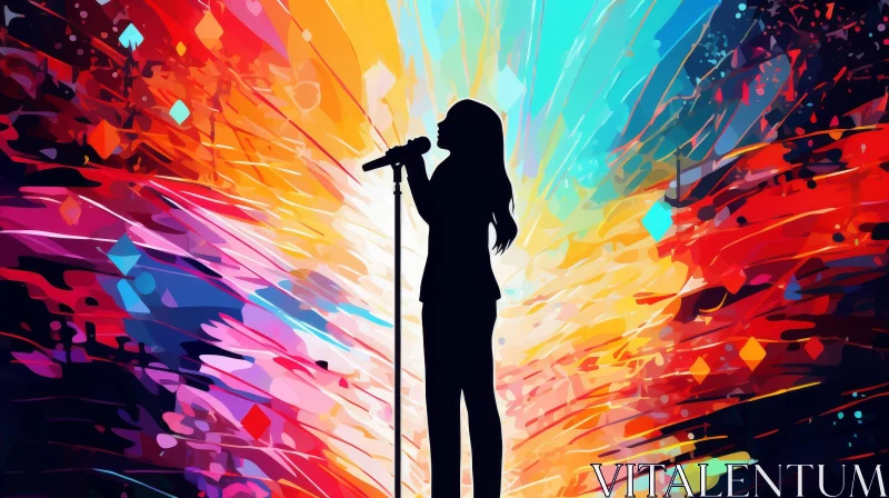 Passionate Woman Singing Silhouette on Colorful Stage AI Image