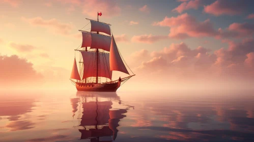 Sailing Ship at Sea Painting - Serene Sunset Artwork