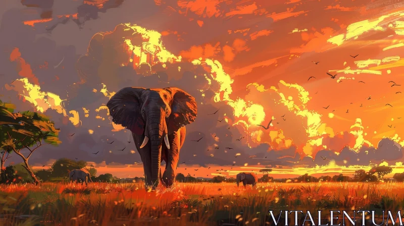 AI ART African Elephant Painting in Grassy Field at Sunset