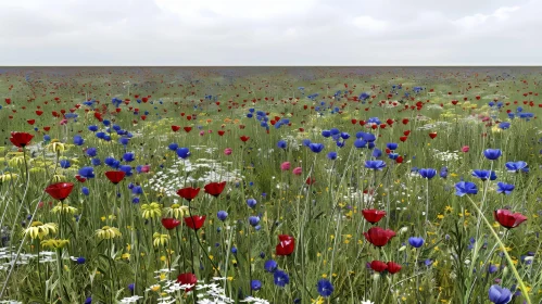 Colorful Field of Poppies, Cornflowers, and Daisies