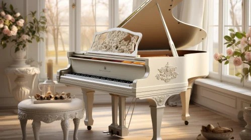 Elegant White Grand Piano in Bright Room