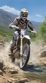 Extreme Dirt Bike Rider in White Jersey Conquers Rocky Riverbed