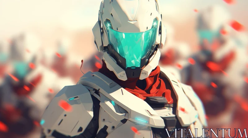 Futuristic Soldier in White Powered Armor on Battlefield AI Image