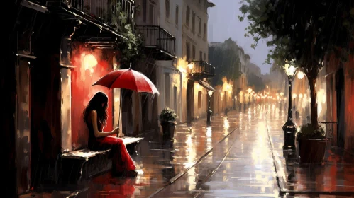 Lonely Woman in Red Dress on Rainy Street
