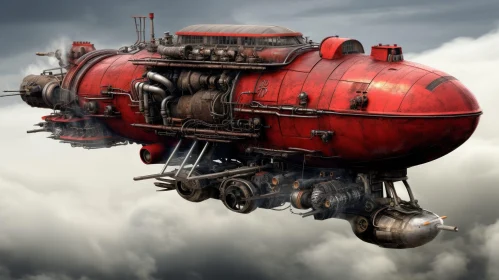 Steampunk Airship in Cloudy Sky