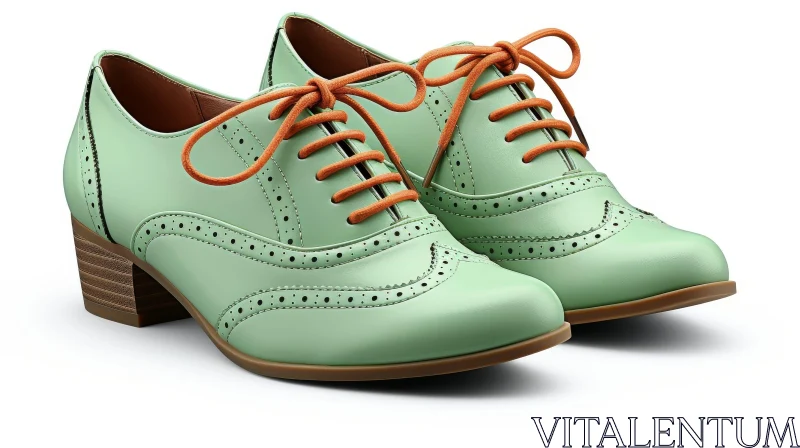 Stylish Mint Green Women's Leather Shoes with Brogue Pattern AI Image
