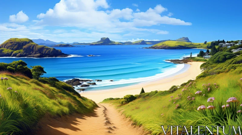 Tranquil Beach Scene with White Sand and Blue Water AI Image