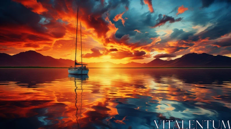 AI ART Tranquil Sunset Lake Landscape with Sailboat