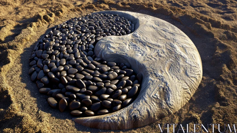 Yin-Yang Symbol Made of Pebbles on Sand AI Image