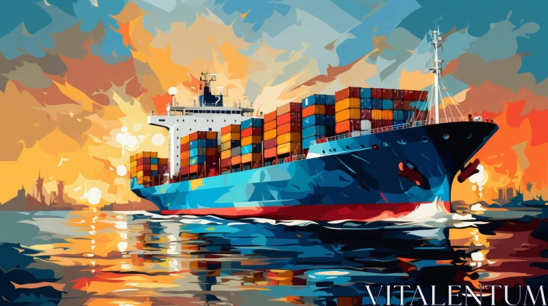 Container Ship at Sea Painting - Realistic Sunset Artwork AI Image
