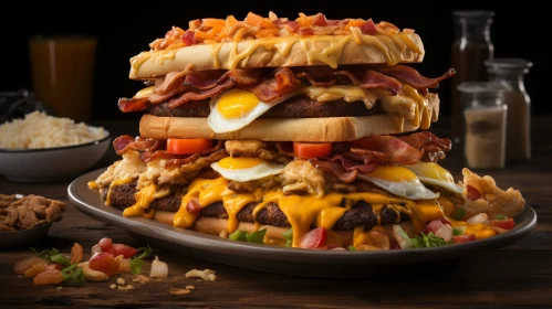 Delicious Three-Layer Burger with Cheese, Bacon, and Egg
