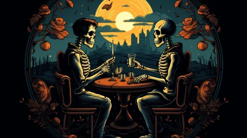 Elegant Skeletons Enjoying Wine and Cigarettes in Cityscape