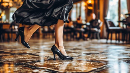 Elegant Woman Dancing in Black Dress and High Heels