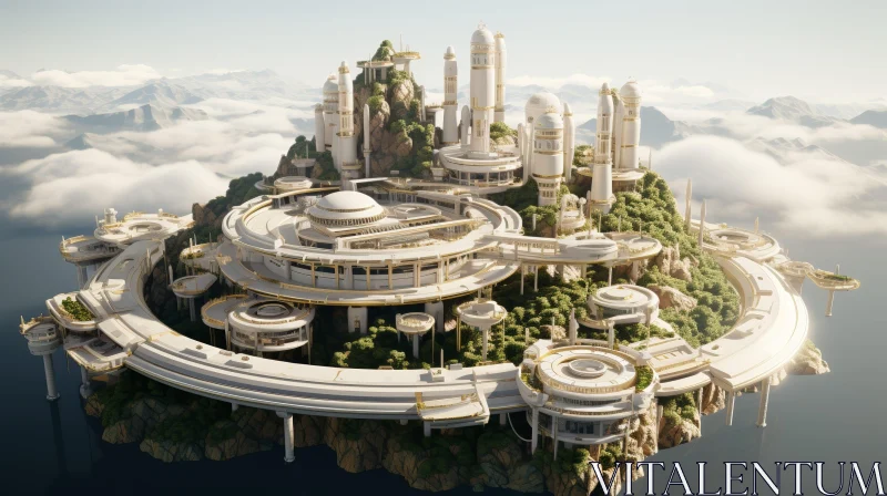 AI ART Futuristic City on Floating Island - Urban Architecture in Nature