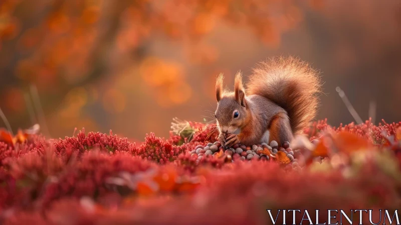 AI ART Red Squirrel Eating Nut on Autumn Leaves
