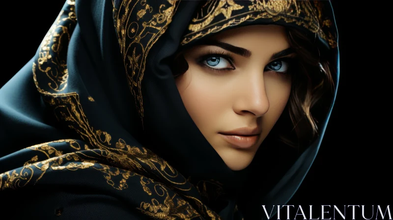 AI ART Serious Young Woman in Black Hijab with Blue Eyes