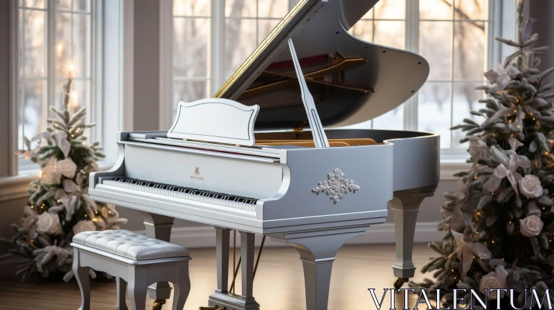 Silver Grand Piano in Bright Room with Christmas Trees AI Image