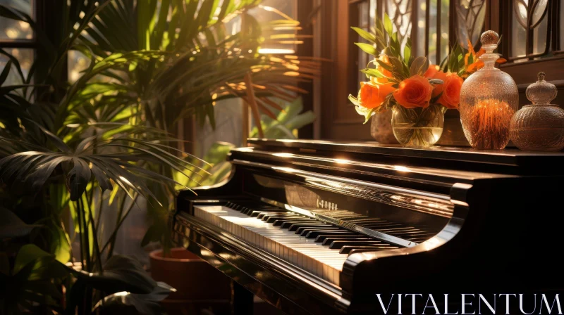 Sunlit Room Piano with Flowers AI Image