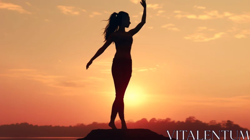 Sunset Silhouette: Young Woman on Rock at Dusk AI Image
