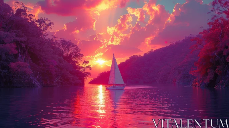 Tranquil Sunset Lake Landscape with Sailboat AI Image
