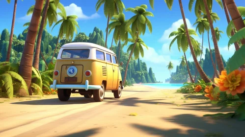Tropical Beach Cartoon Illustration with Yellow Van