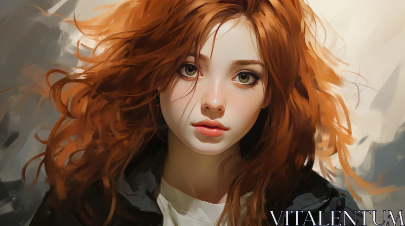 AI ART Young Woman Portrait with Red Hair and Green Eyes