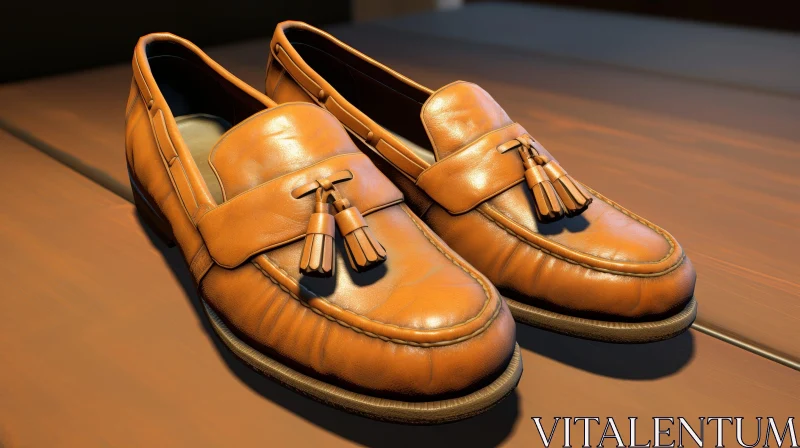 AI ART Brown Leather Loafers with Tassels on Wooden Surface