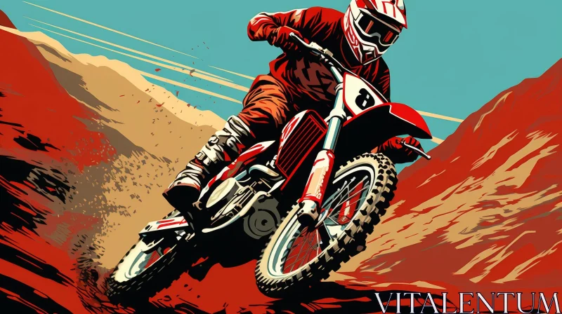 Cartoon Dirt Bike Rider in Desert Landscape AI Image
