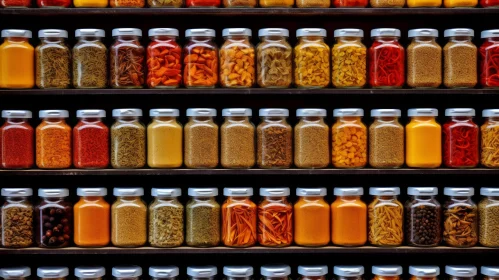 Colorful Spice Jars Display on Shelves