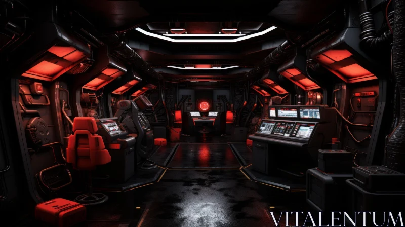 AI ART Dark Spaceship Control Room with Red Lights