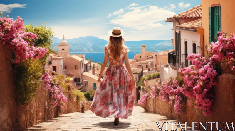 Elegant Woman in Floral Dress Walking by Ocean AI Image