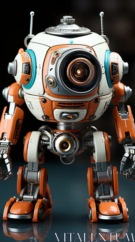 AI ART Futuristic White and Orange Robot Standing on Reflective Surface