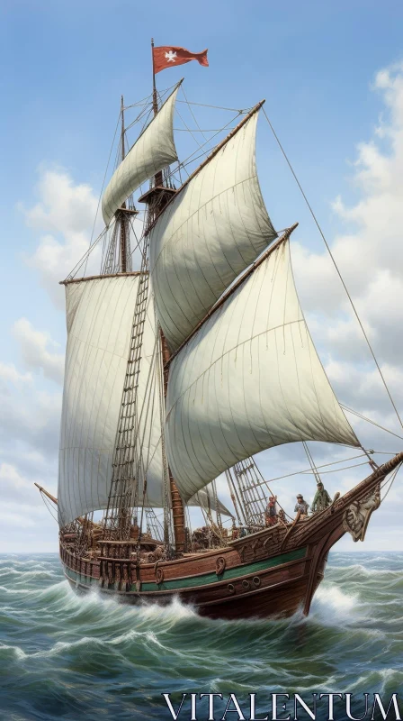 Historical Ship Sailing on Rough Sea - Oil Painting AI Image