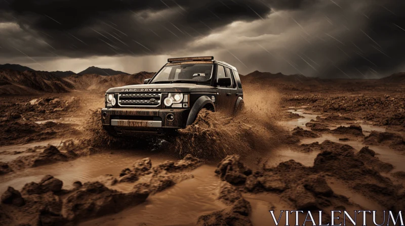 Luxurious Land Rover SUV Driving Through Mud in a Storm AI Image
