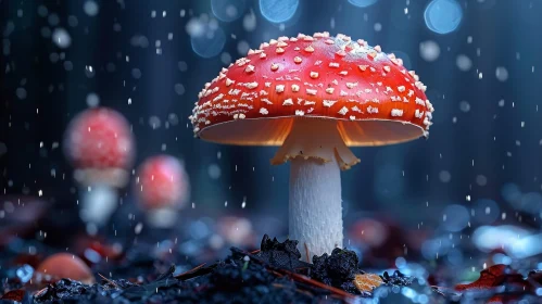 Red Mushroom in Forest with Raindrops