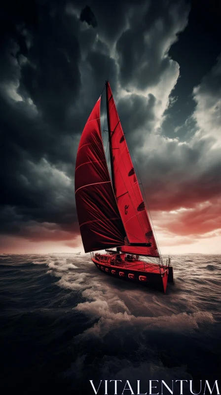 Red Sailboat Painting on Stormy Sea AI Image