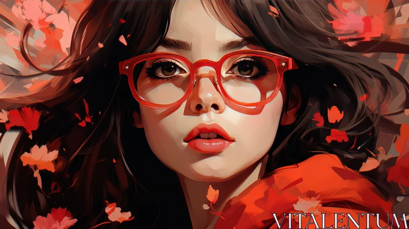 Serious Young Woman Portrait in Red Glasses AI Image