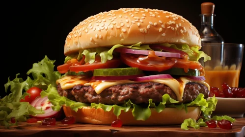 Tempting Burger on Wooden Table