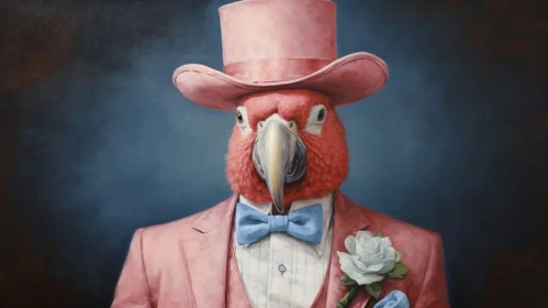 Whimsical Parrot Portrait in Pink Top Hat and Blue Suit