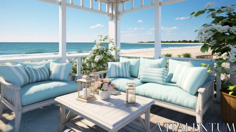 Beach House Porch with Wicker Sofas and Ocean View AI Image