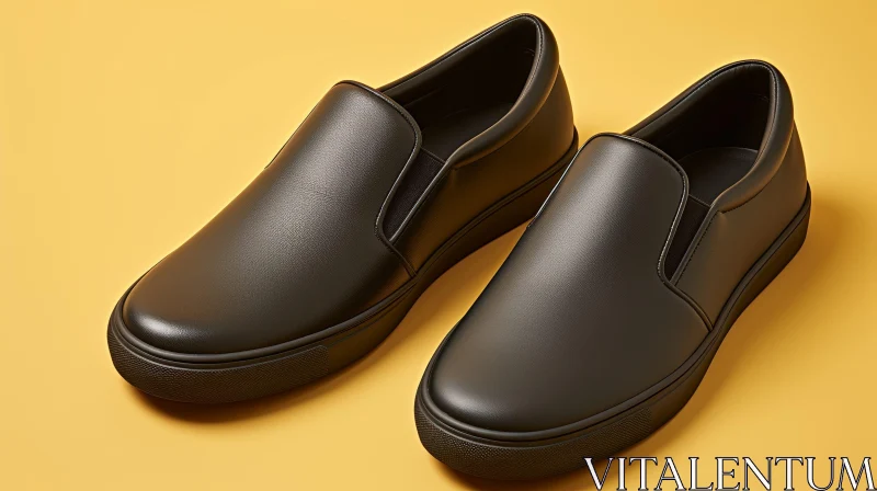 Black Leather Slip-On Sneakers on Yellow Background AI Image
