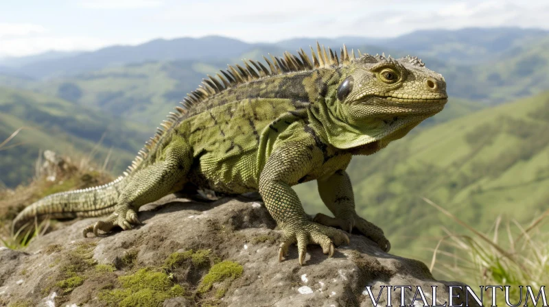 Green Iguana on Rock in Tropical Rainforest AI Image