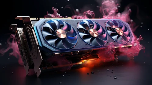 Modern Graphics Card with Blue and Gold Fans - Mystery and Power