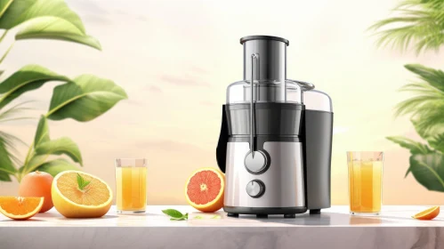 Modern Juice Extractor with Orange Juice Glasses and Fruit Halves