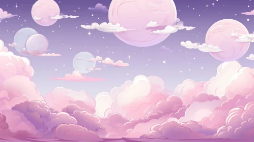 Pink and Purple Sky with Moons and Clouds
