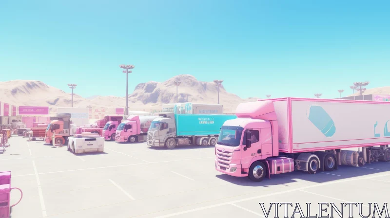 Pink Trucks in Parking Lot with Mountain View AI Image