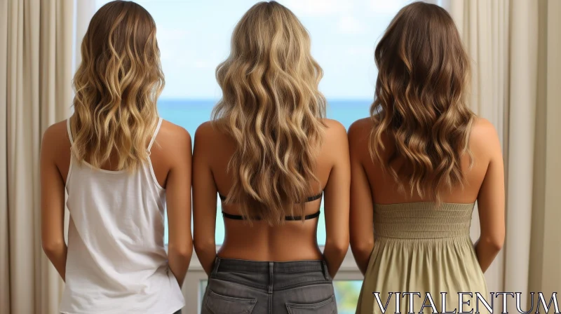 Seaside Encounter: Three Women with Long Wavy Hair AI Image